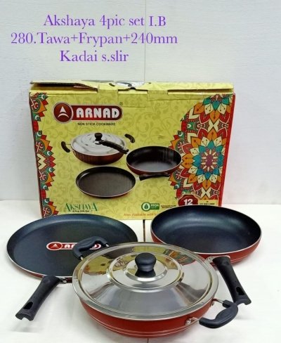 AKSHAYA 4 PS GIFT SET INDUCTION BASE -280mm tawa+240mm frypan+240mm Kadai.s.s lid	